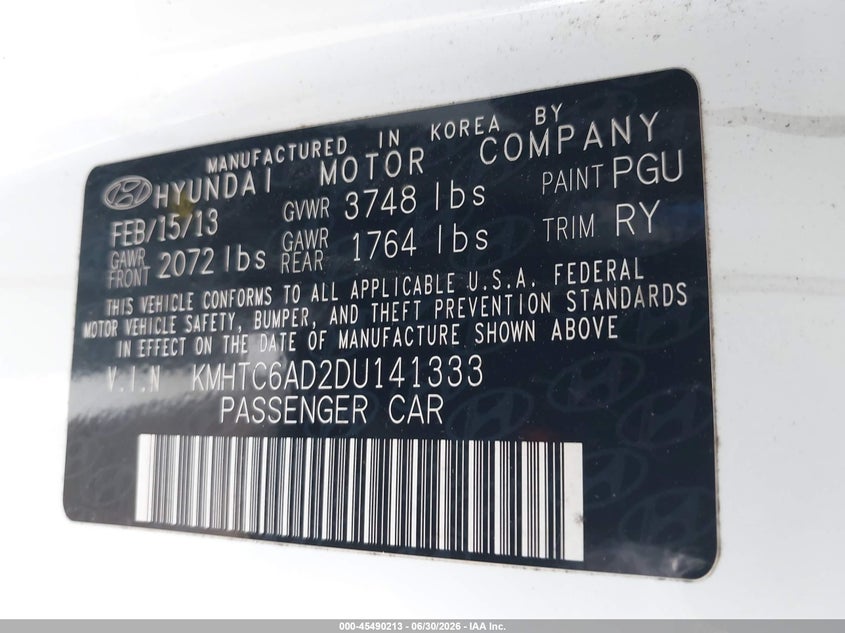 2013 Hyundai Veloster VIN KMHTC6AD2DU141333 IAAI salvage auction — NORMAL WEAR, Clear (New Jersey), sold $400 on 2026-07-13 (photo 9)