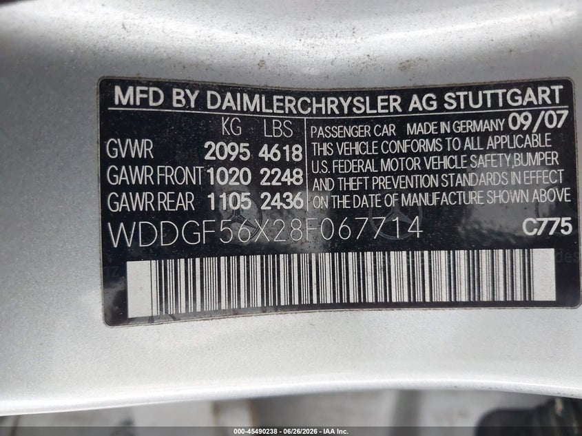 2008 Mercedes-benz C-klasse VIN WDDGF56X28F067714 IAAI salvage auction — REAR END, Rebuildable (Florida), sold $575 on 2026-07-29 (photo 9)