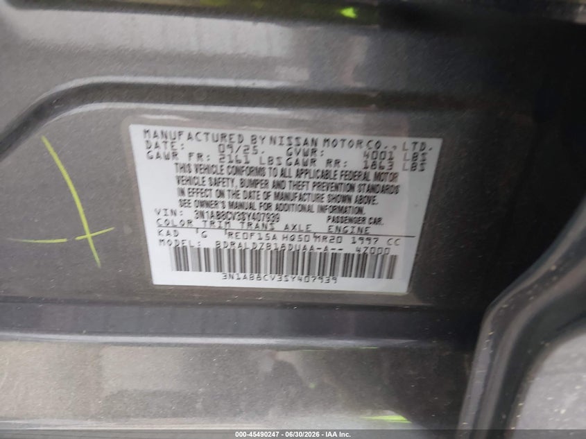 2025 Nissan Sentra VIN 3N1AB8CV3SY407939 IAAI salvage auction — FRONT END, Salvage (Tennessee), sold $5,800 on 2026-09-08 (photo 9)