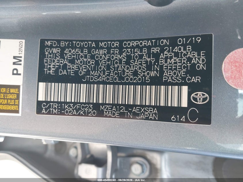 2020 Toyota Corolla VIN JTDS4RCE0LJ002015 IAAI salvage auction — REAR END, Salvage (California), sold $3,800 on 2026-07-29 (photo 9)