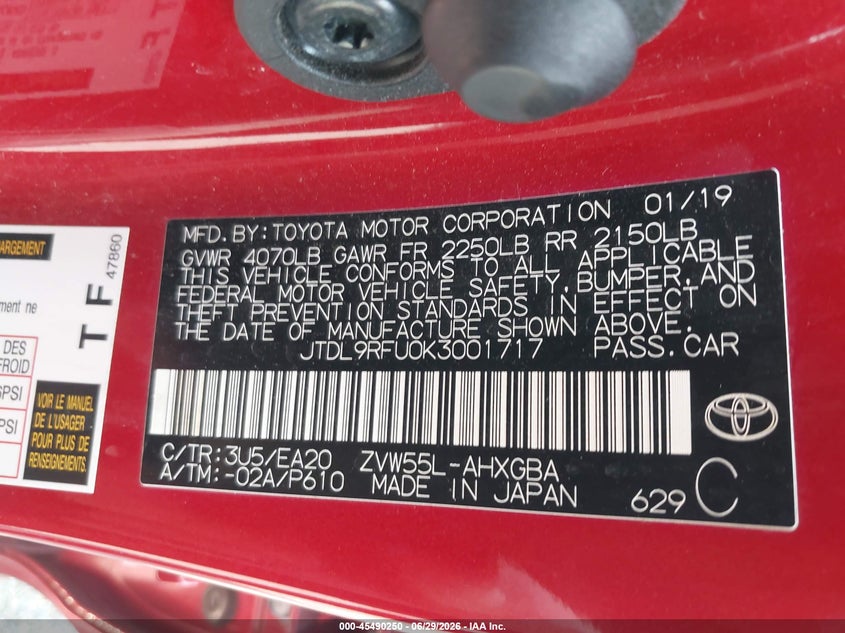 2019 Toyota Prius VIN JTDL9RFU0K3001717 IAAI salvage auction — LEFT REAR, Salvage (Ohio), sold $2,250 on 2026-07-27 (photo 9)