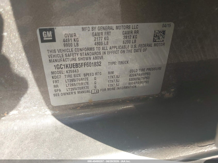 2015 Chevrolet Silverado VIN 1GC1KUEB5FF601832 IAAI salvage auction — NORMAL WEAR, Sf97 (Georgia), sold $5,100 on 2026-09-09 (photo 9)