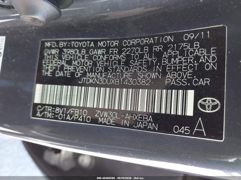 2011 Toyota Prius VIN JTDKN3DUXB1430382 IAAI salvage auction — REAR END, Salvage (California), sold $2,750 on 2026-07-13 (photo 9)