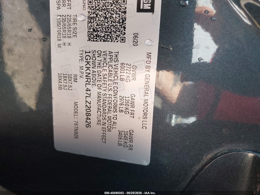 2020 Gmc Acadia VIN 1GKKNRL47LZ208426 IAAI salvage auction — NORMAL WEAR, Sf97 (New York), sold $13,000 on 2026-07-31 (photo 9)