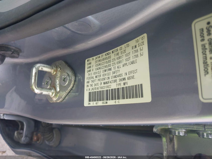 2008 Honda Cr-v VIN JHLRE48798C019922 IAAI salvage auction — FRONT END, Clear (Virginia), sold $1,350 on 2026-07-24 (photo 9)