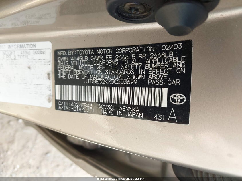 2003 Toyota Camry VIN JTDBE32KX30203699 IAAI salvage auction — REAR END, Parts Only Bos (Minnesota), sold $275 on 2026-07-15 (photo 9)