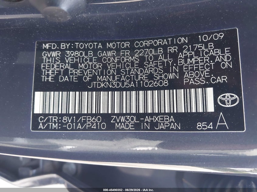 2010 Toyota Prius VIN JTDKN3DU5A1102608 IAAI salvage auction — LEFT SIDE, Salvage (Georgia), sold $900 on 2026-08-01 (photo 9)