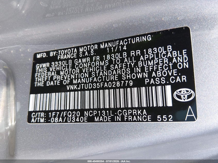 2015 Toyota Yaris VIN VNKJTUD35FA028779 IAAI salvage auction — FRONT END, Salvage (California), sold $25 on 2026-07-28 (photo 9)
