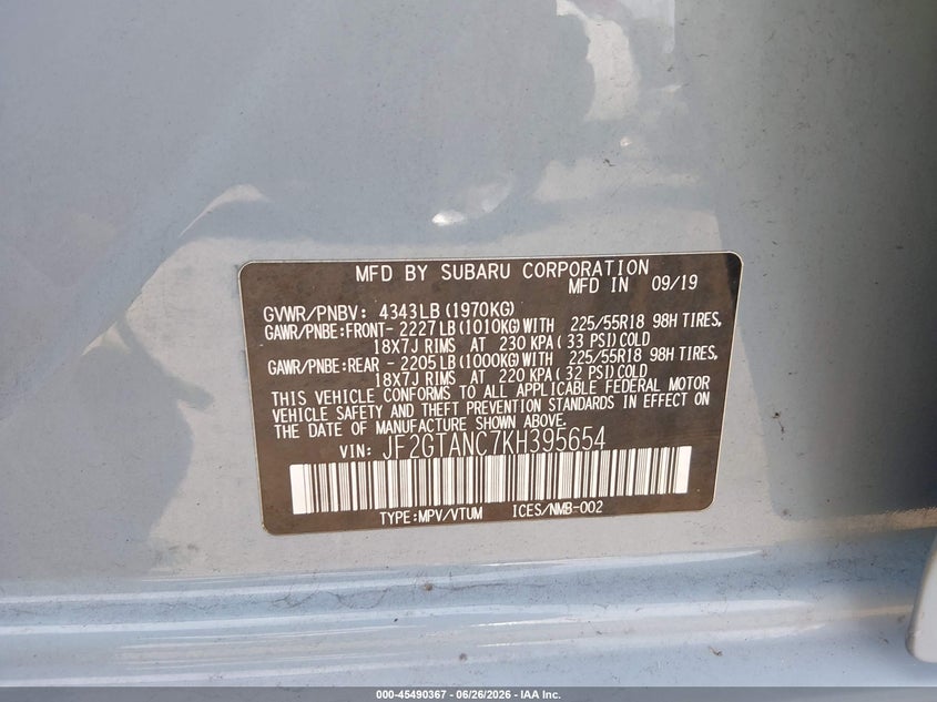 2019 Subaru Xv VIN JF2GTANC7KH395654 IAAI salvage auction — FRONT END, Salvage - Greater Than 75% (Maryland), sold $3,950 on 2026-07-09 (photo 9)