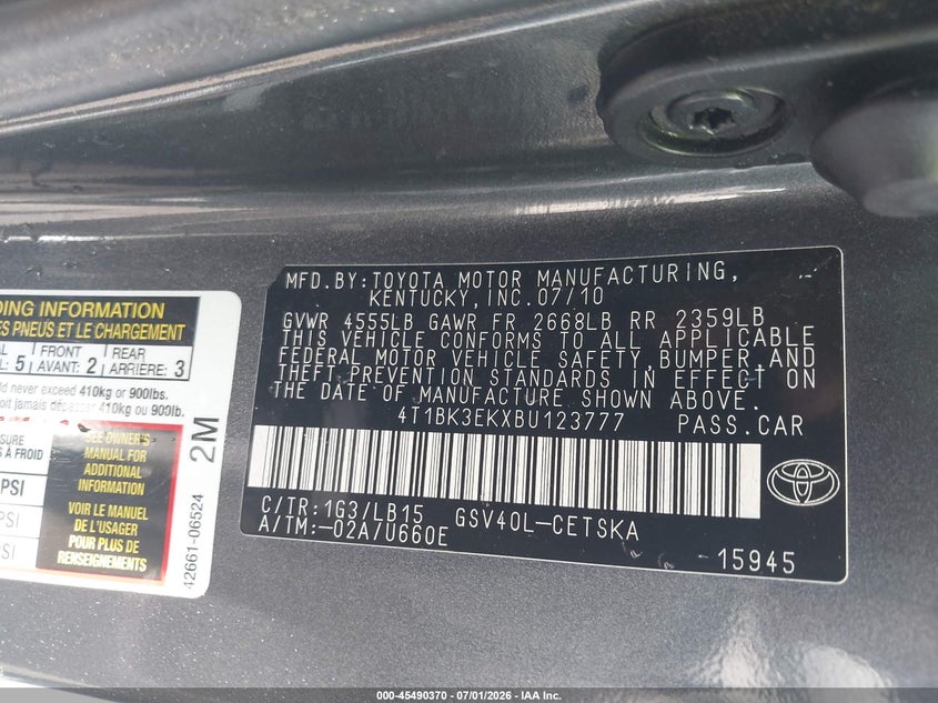2011 Toyota Camry VIN 4T1BK3EKXBU123777 IAAI salvage auction — LEFT SIDE, Salvage (Missouri), sold $1,150 on 2026-07-30 (photo 9)