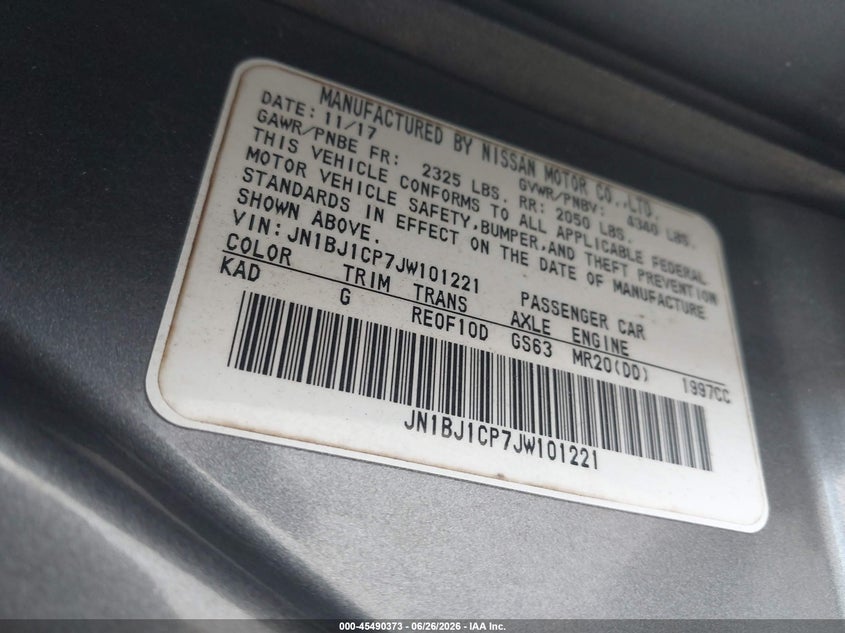 2018 Nissan Rogue VIN JN1BJ1CP7JW101221 IAAI salvage auction — RIGHT REAR, Rebuildable (Florida), sold $1,800 on 2026-07-20 (photo 9)