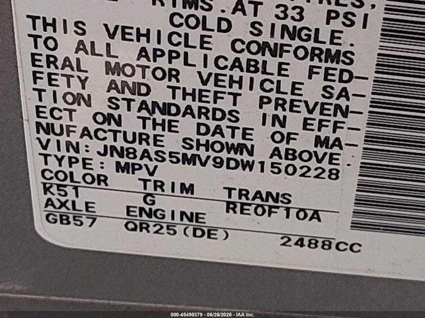 2013 Nissan Rogue VIN JN8AS5MV9DW150228 IAAI salvage auction — FRONT & REAR, Original (Texas), sold $250 on 2026-07-28 (photo 9)
