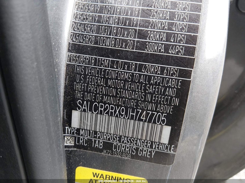 2018 Land rover Discovery sport VIN SALCR2RX9JH747705 IAAI salvage auction — NORMAL WEAR, Clear (Delaware), sold $3,175 on 2026-07-17 (photo 9)