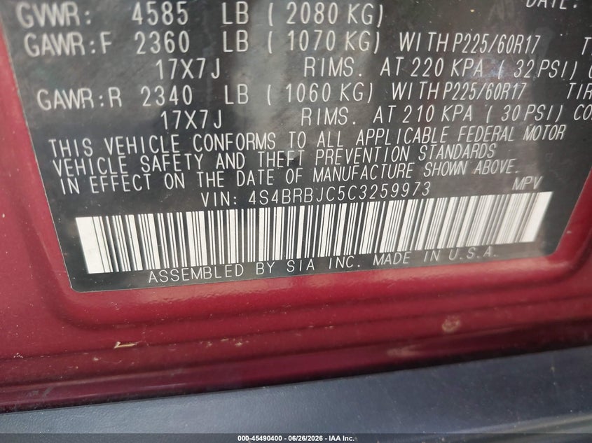 2012 Subaru Outback VIN 4S4BRBJC5C3259973 IAAI salvage auction — NORMAL WEAR, Clear (Virginia), sold $975 on 2026-08-01 (photo 9)