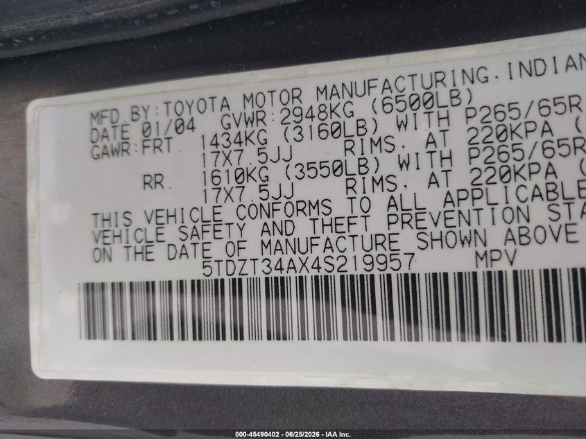 2004 Toyota Sequoia VIN 5TDZT34AX4S219957 IAAI salvage auction — NORMAL WEAR, Clear (Indiana), sold $1,050 on 2026-07-08 (photo 9)