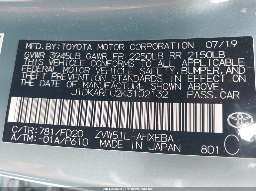 2019 Toyota Prius VIN JTDKARFU2K3102132 IAAI salvage auction — REAR END, Salvage Certificate (California), sold $5,900 on 2026-07-29 (photo 9)