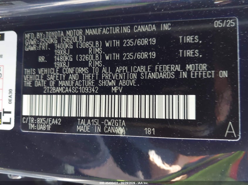 2025 Lexus Rx VIN 2T2BAMCA4SC109342 IAAI salvage auction — FRONT END, Salvage (Pennsylvania), sold $21,600 on 2026-08-03 (photo 9)