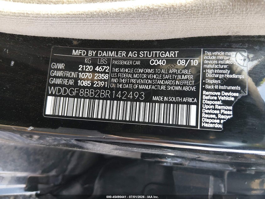 2011 Mercedes-benz C class VIN WDDGF8BB2BR142493 IAAI salvage auction — FRONT & REAR, Bill Of Sale (New York), sold $425 on 2026-08-04 (photo 9)