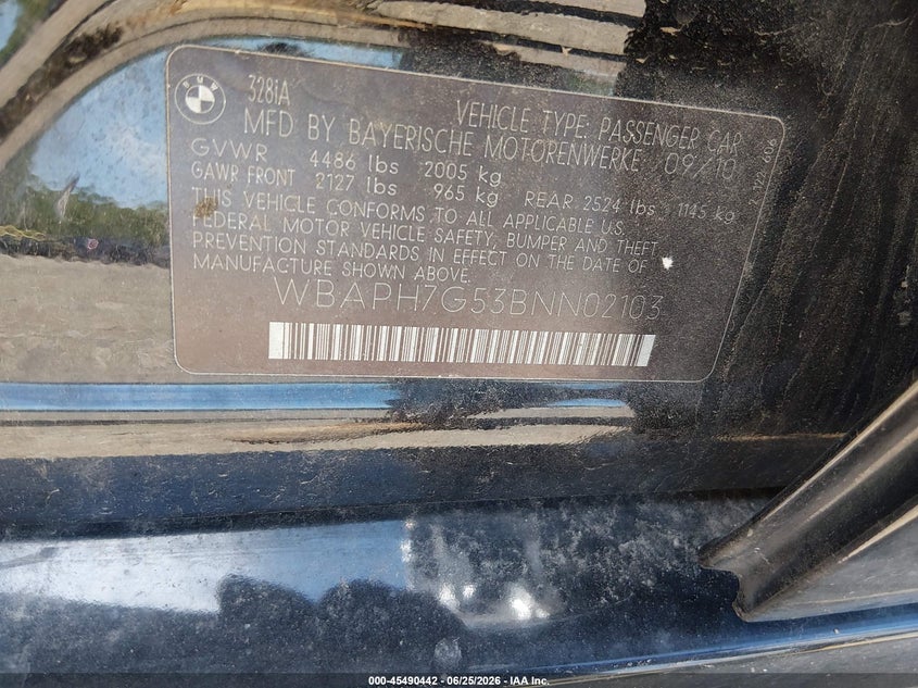 2011 BMW 3 series VIN WBAPH7G53BNN02103 IAAI salvage auction — FRONT & REAR, Bill Of Sale (New York), sold $25 on 2026-08-04 (photo 9)
