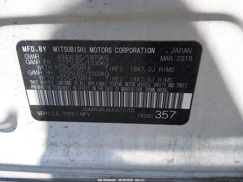 2018 Mitsubishi Outlander VIN JA4AR3AU9JU012701 IAAI salvage auction — LEFT REAR, Salvage (Pennsylvania), sold $3,900 on 2026-07-14 (photo 9)