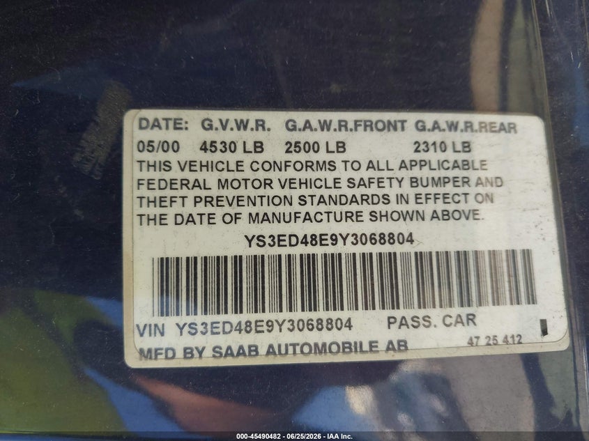 2000 Saab 9-5 VIN YS3ED48E9Y3068804 IAAI salvage auction — FRONT END, Clear - Dealer Only (California), sold $450 on 2026-07-08 (photo 9)