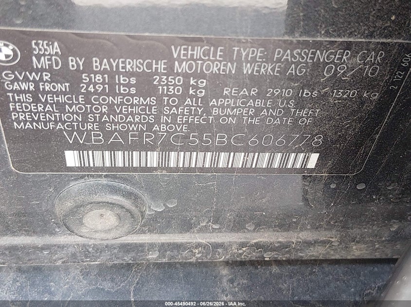2011 BMW 5 series VIN WBAFR7C55BC606778 IAAI salvage auction — REAR END, Original (Texas), sold $1,700 on 2026-07-28 (photo 9)