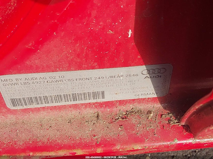 2010 Audi A4 VIN WAUFFAFL6AN052976 IAAI salvage auction — NORMAL WEAR, Clear (Delaware), sold $550 on 2026-07-13 (photo 9)