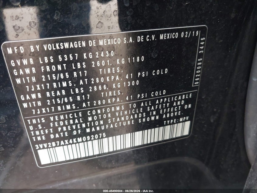 2019 Volkswagen Tiguan VIN 3VV2B7AX4KM092075 IAAI salvage auction — LEFT FRONT, Salvage (Pennsylvania), sold $2,900 on 2026-07-09 (photo 9)
