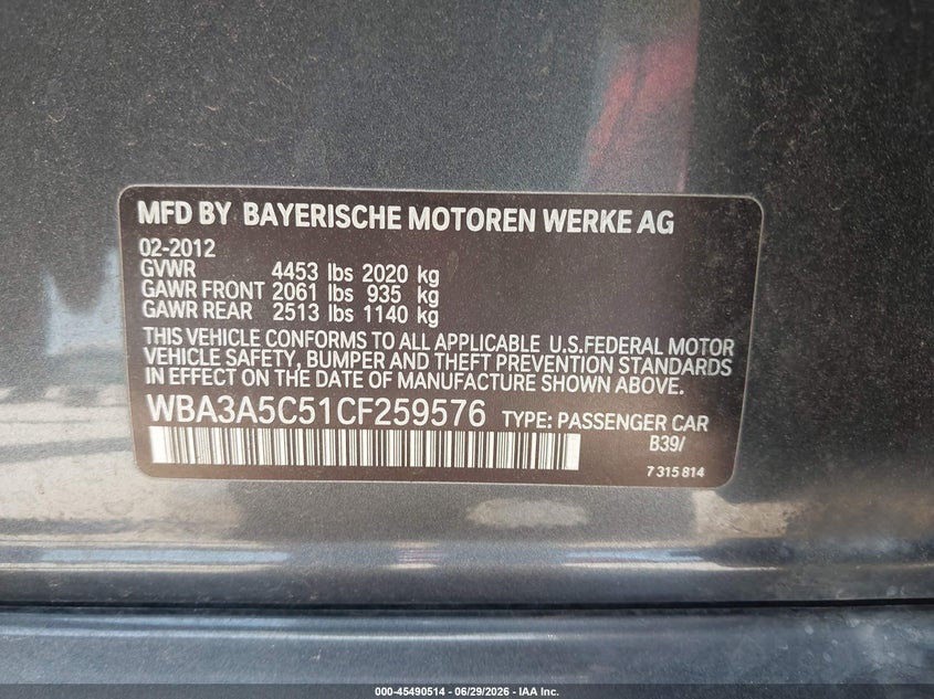 2012 BMW 3er VIN WBA3A5C51CF259576 IAAI salvage auction — FRONT END, Original (Texas), sold $2,200 on 2026-08-11 (photo 9)