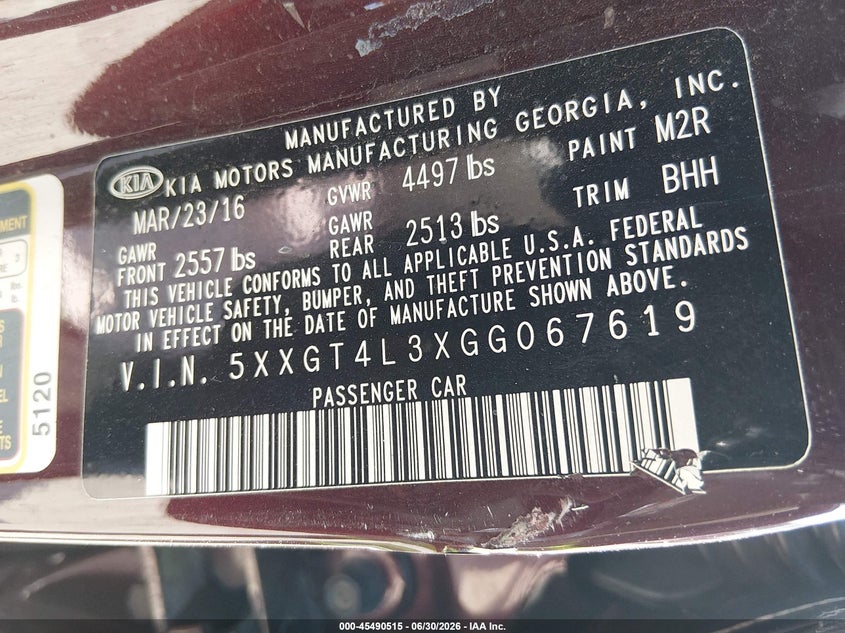 2016 Kia Optima VIN 5XXGT4L3XGG067619 IAAI salvage auction — FRONT END, Salvage - Greater Than 75% (Maryland), sold $25 on 2026-07-28 (photo 9)