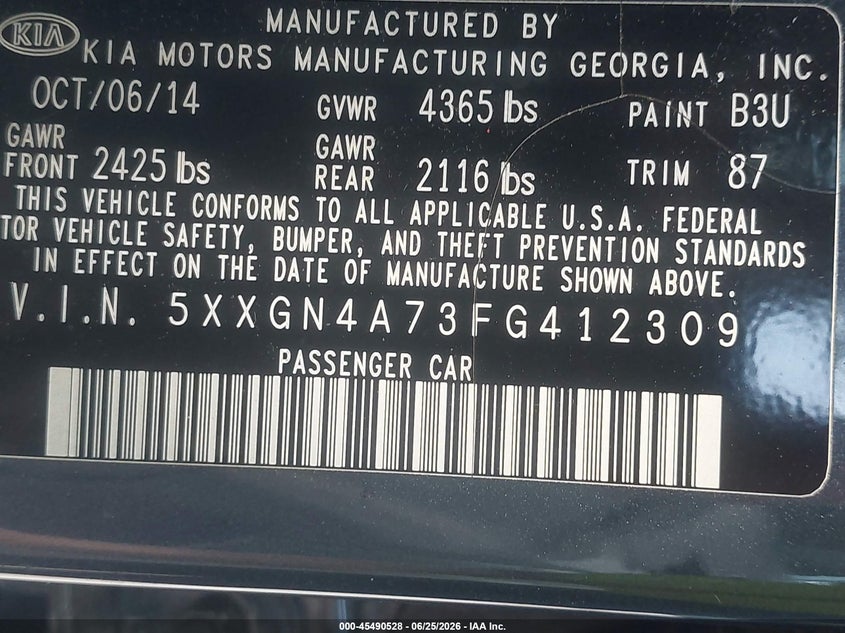 2015 Kia Optima VIN 5XXGN4A73FG412309 IAAI salvage auction — NORMAL WEAR, Clear (Maryland), sold $600 on 2026-07-23 (photo 9)