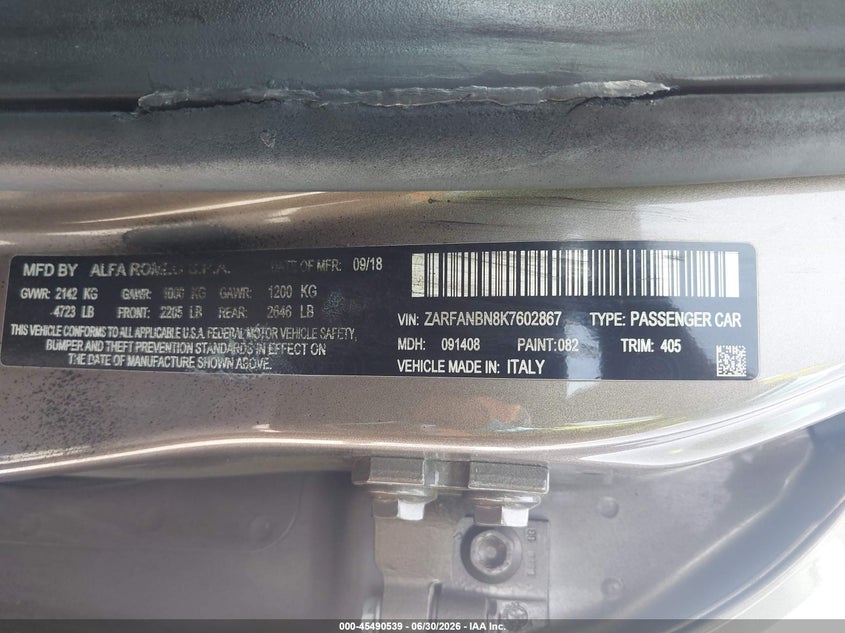 2019 Alfa romeo Giulia VIN ZARFANBN8K7602867 IAAI salvage auction — HAIL, Original (Texas), sold $9,275 on 2026-09-01 (photo 9)