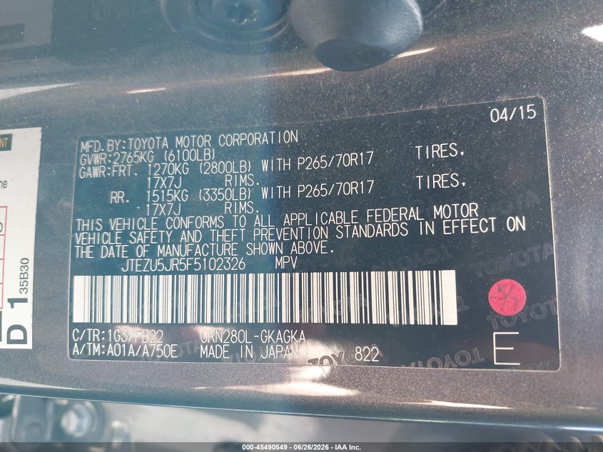 2015 Toyota 4runner VIN JTEZU5JR5F5102326 IAAI salvage auction — FRONT END, Salvage Certificate (California), sold $5,600 on 2026-07-10 (photo 9)