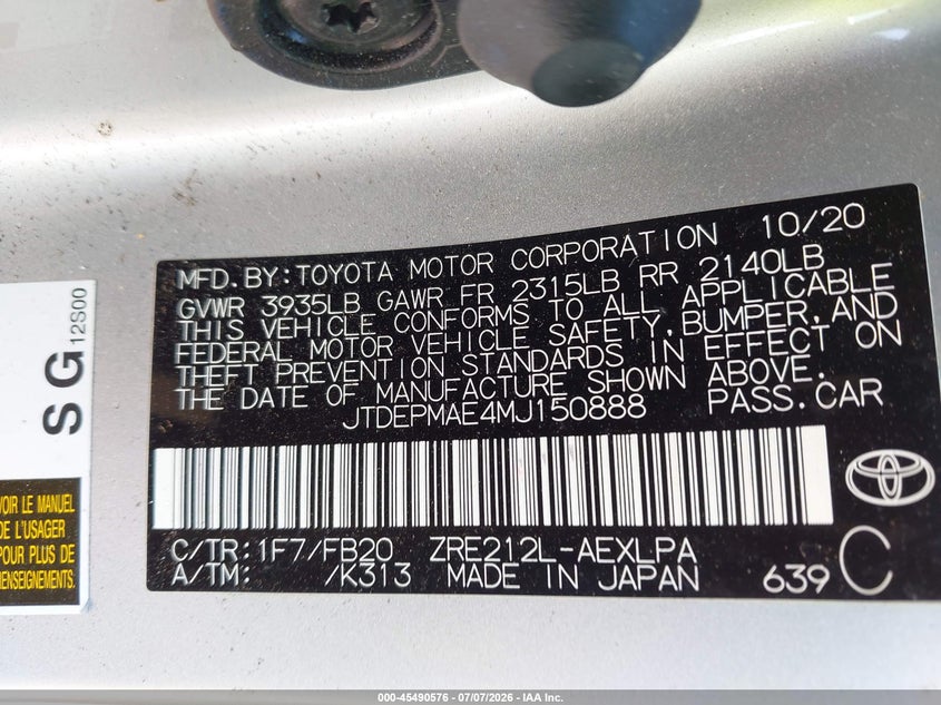2021 Toyota Corolla VIN JTDEPMAE4MJ150888 IAAI salvage auction — FRONT & REAR, Clear Claim Paid (Wisconsin), sold $4,100 on 2026-07-28 (photo 9)