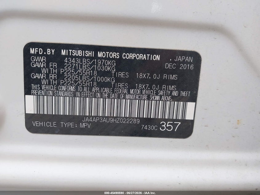 2017 Mitsubishi Outlander VIN JA4AP3AU9HZ022289 IAAI salvage auction — RIGHT FRONT, Salvage (Iowa), sold $1,725 on 2026-08-03 (photo 9)