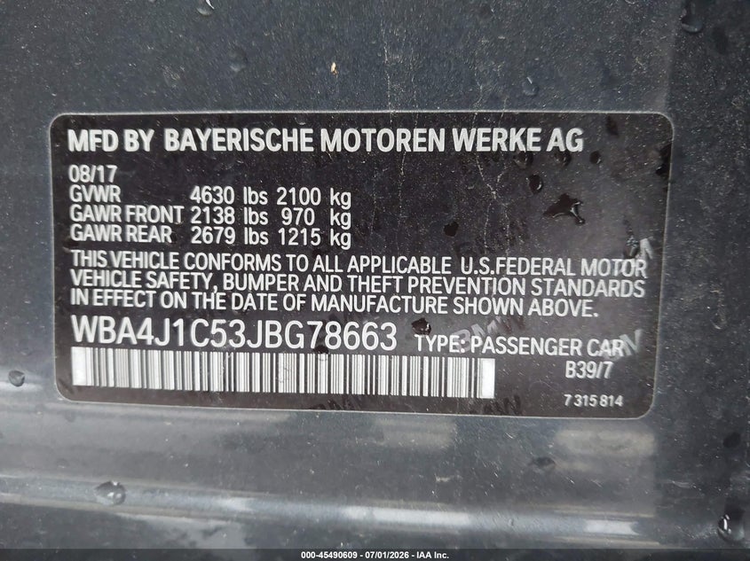 2018 BMW 4er VIN WBA4J1C53JBG78663 IAAI salvage auction — FRONT & REAR, Salvage (California), sold $6,000 on 2026-08-12 (photo 9)