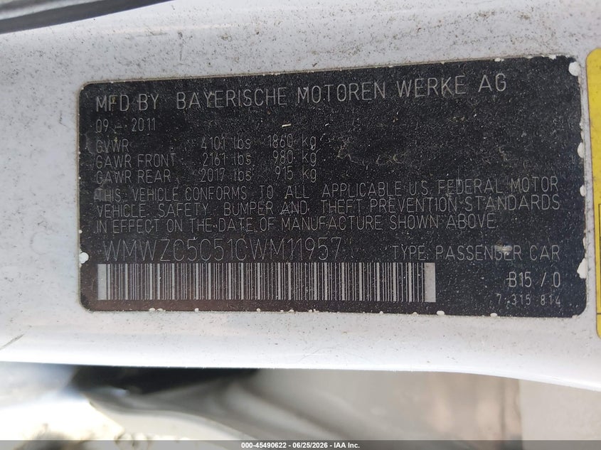 2012 Mini VIN WMWZC5C51CWM11957 IAAI salvage auction — NORMAL WEAR, Clear (Rhode Island), sold $675 on 2026-07-14 (photo 9)
