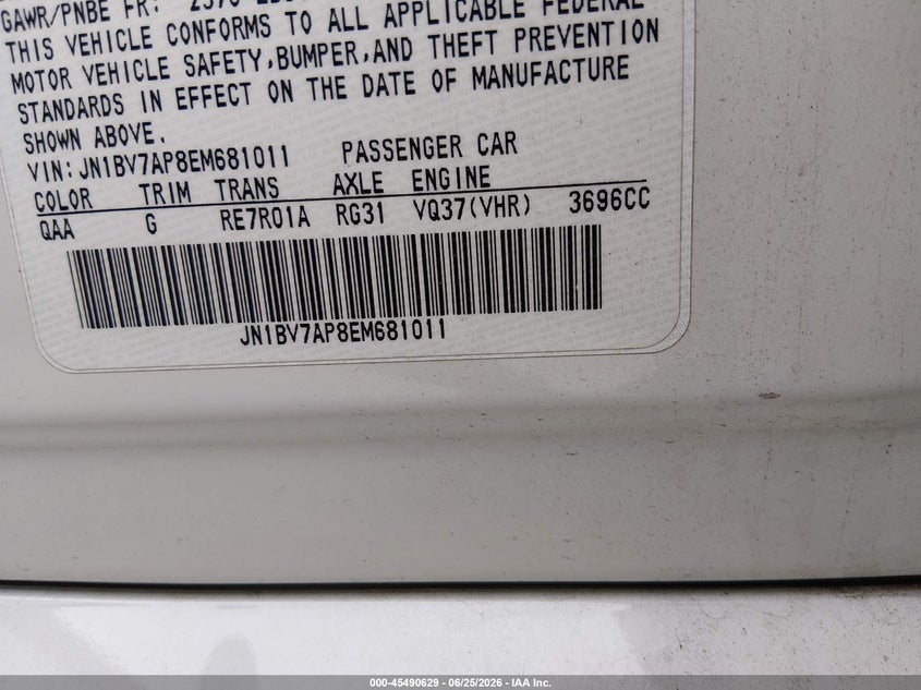 2014 Infiniti Q50 VIN JN1BV7AP8EM681011 IAAI salvage auction — NORMAL WEAR, Original (Texas), sold $1,550 on 2026-07-13 (photo 9)