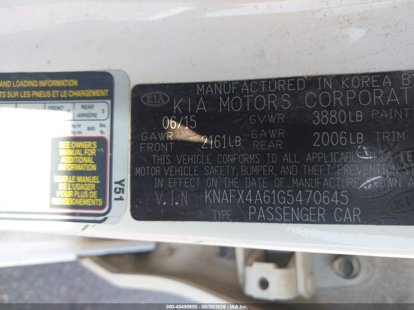 2016 Kia Forte VIN KNAFX4A61G5470645 IAAI salvage auction — FRONT END, Salvage (Tennessee), sold $1,000 on 2026-07-14 (photo 9)