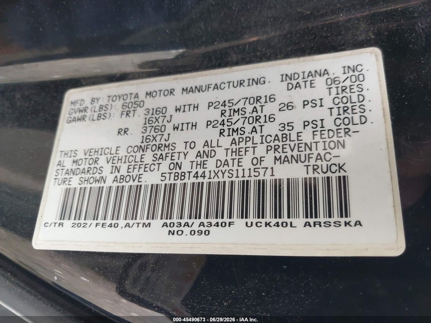 2000 Toyota Tundra VIN 5TBBT441XYS111571 IAAI salvage auction — NORMAL WEAR, Clear (Virginia), sold $1,050 on 2026-07-06 (photo 9)