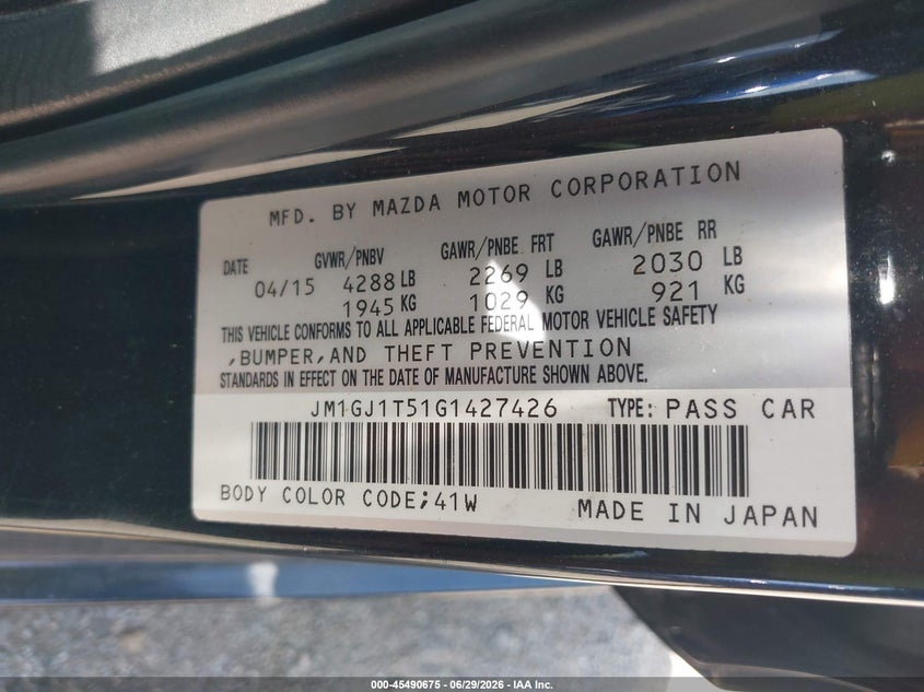 2016 Mazda 6 VIN JM1GJ1T51G1427426 IAAI salvage auction — FRONT END, Clear (Indiana), sold $725 on 2026-07-29 (photo 9)