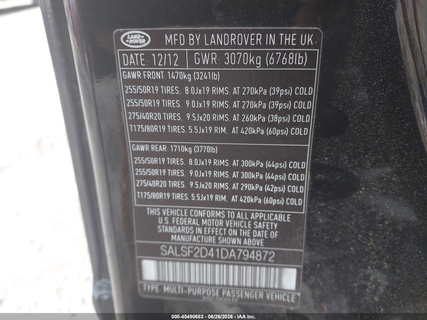 2013 Land rover Range rover sport VIN SALSF2D41DA794872 IAAI salvage auction — UNDERCARRIAGE, Clear (Florida), sold $450 on 2026-07-16 (photo 9)