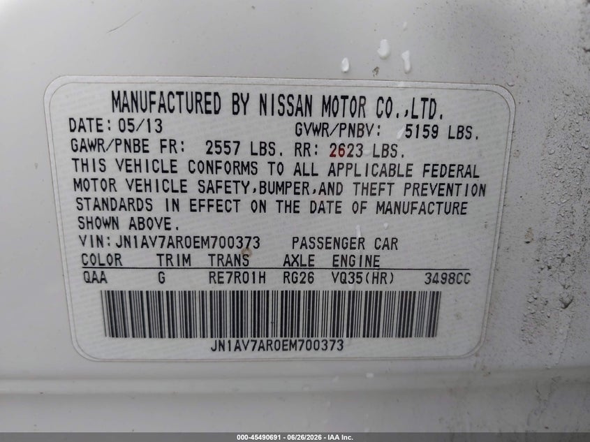2014 Infiniti Q50 VIN JN1AV7AR0EM700373 IAAI salvage auction — FRONT END, Mv-907A (New York), sold $650 on 2026-07-28 (photo 9)