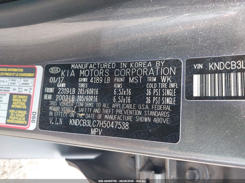 2017 Kia Niro VIN KNDCB3LC7H5047538 IAAI salvage auction — LEFT FRONT, Salvage (Ohio), sold $2,400 on 2026-07-28 (photo 9)