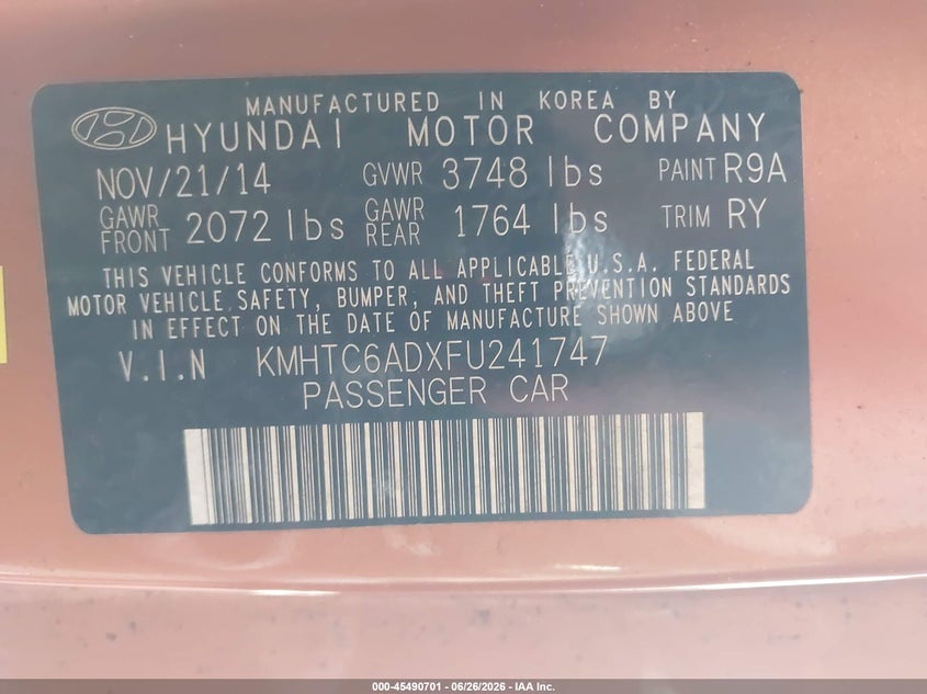 2015 Hyundai Veloster VIN KMHTC6ADXFU241747 IAAI salvage auction — NORMAL WEAR, Clear (Florida), sold $225 on 2026-07-15 (photo 9)