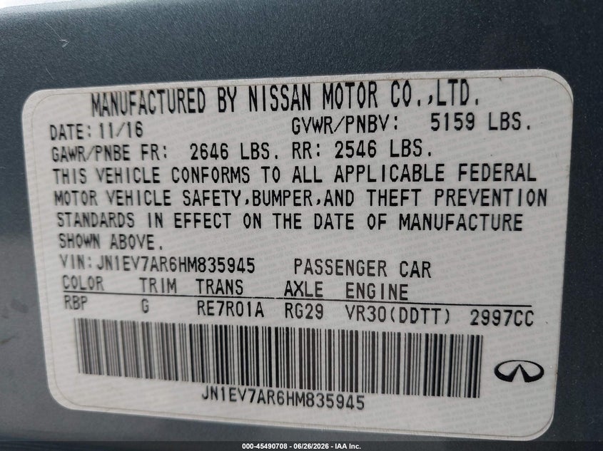 2017 Infiniti Q50 VIN JN1EV7AR6HM835945 IAAI salvage auction — RIGHT SIDE, Mv-907A (New York), sold $3,850 on 2026-07-14 (photo 9)