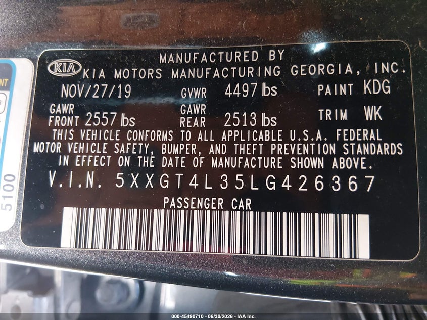 2020 Kia Optima VIN 5XXGT4L35LG426367 IAAI salvage auction — LEFT FRONT, Salvage (Missouri), sold $3,000 on 2026-08-01 (photo 9)