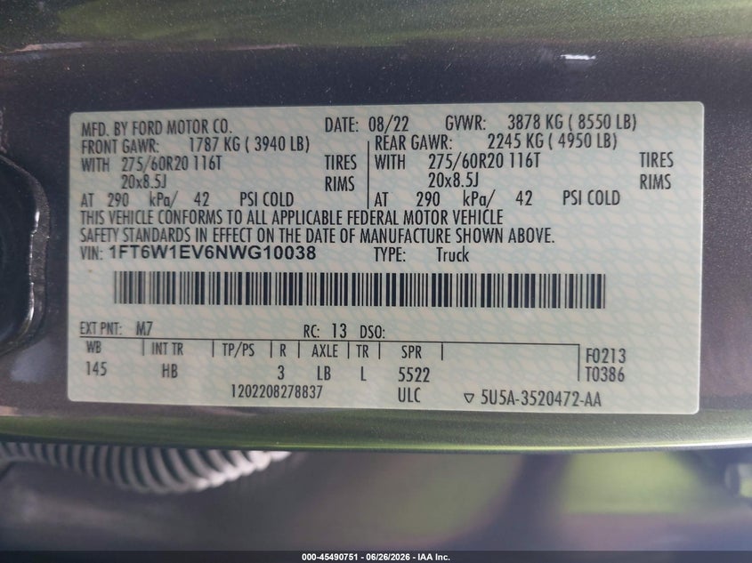 2022 Ford F-150 VIN 1FT6W1EV6NWG10038 IAAI salvage auction — FRONT END, Wait Title, sold $13,200 on 2026-08-06 (photo 9)
