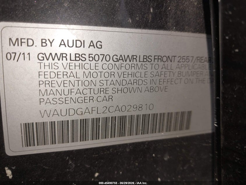 2012 Audi S4 VIN WAUDGAFL2CA029810 IAAI salvage auction — FRONT END, Salvage Title, sold $25 on 2026-07-28 (photo 9)