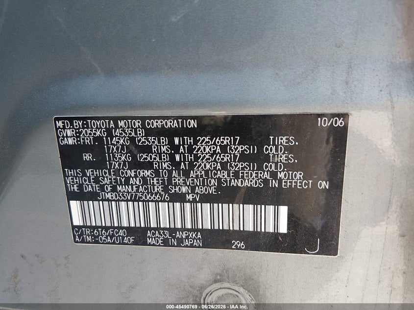 2007 Toyota Rav 4 VIN JTMBD33V775066676 IAAI salvage auction — FRONT END, Bill Of Sale (Colorado), sold $625 on 2026-07-21 (photo 9)